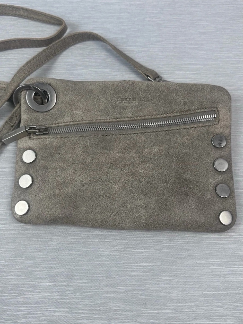 Hammitt Nash Crossbody Clutch Brushed Silver Pewter Leather Wristlet
